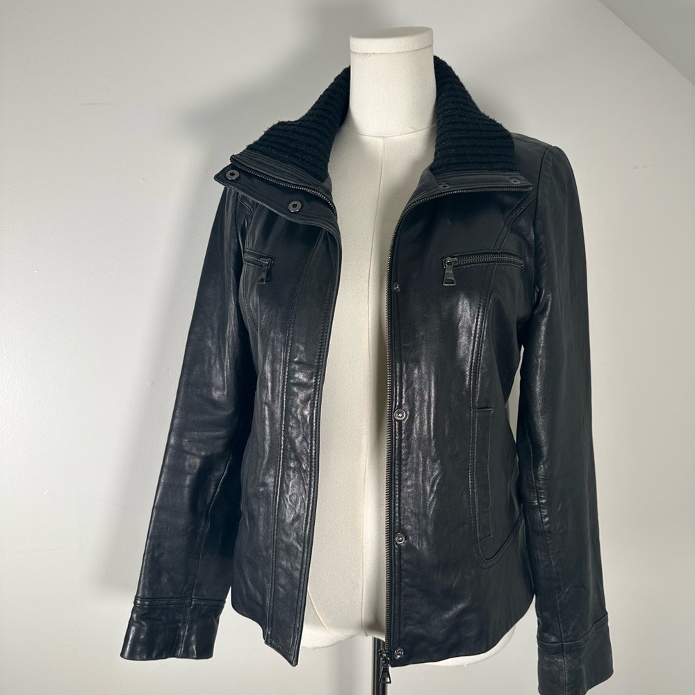 Tommy Hilfiger Black Leather Jacket with Knit Collar